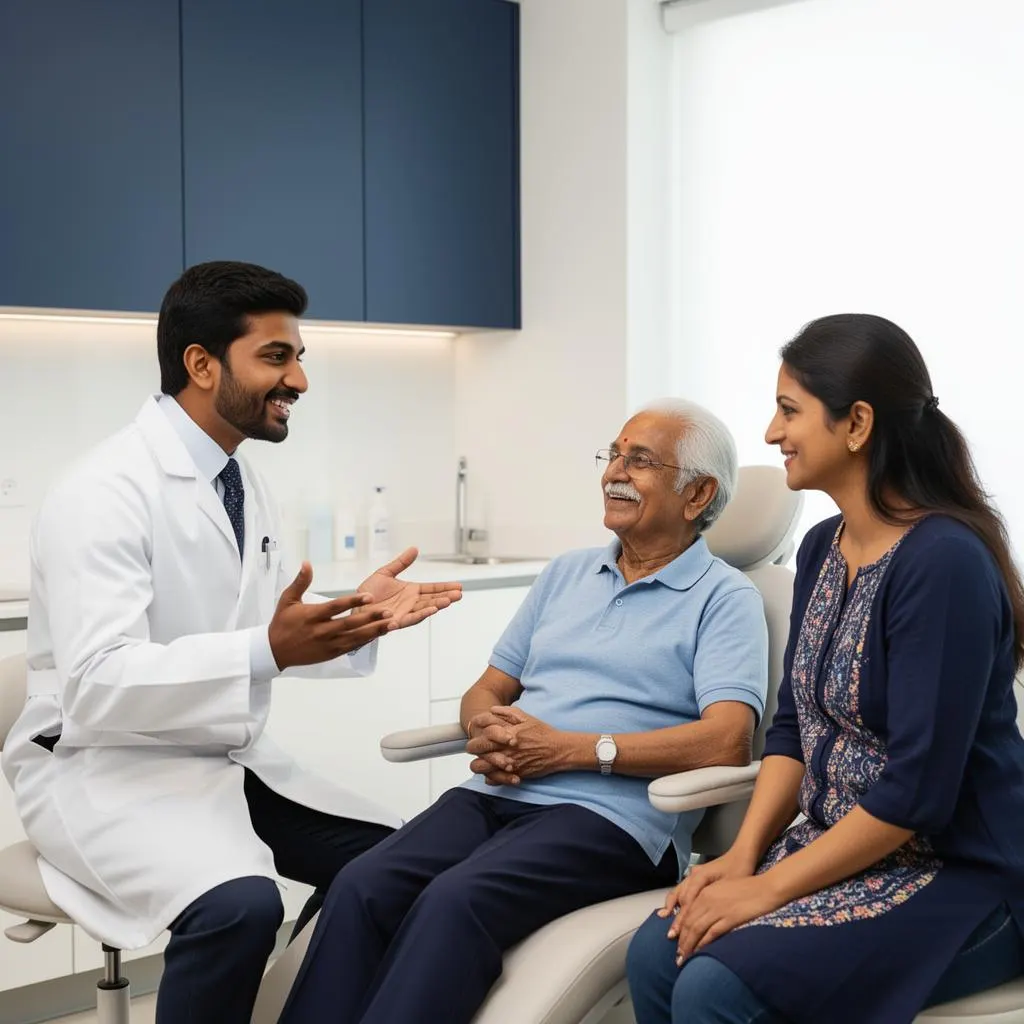 A senior family member smiling with their family after dental implant care